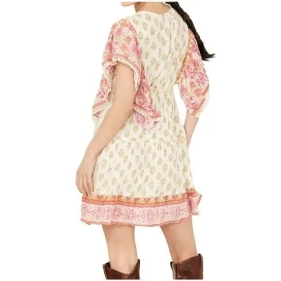 Angie Women's Border Print Dress Size S Boho Western Fairycore Floral - Picture 2 of 12